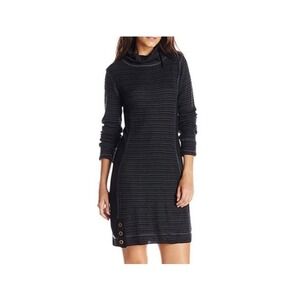 Prana Kelland Cowl Neck Wool Blend Sweater Dress Black Gray Stripe Size L Cozy